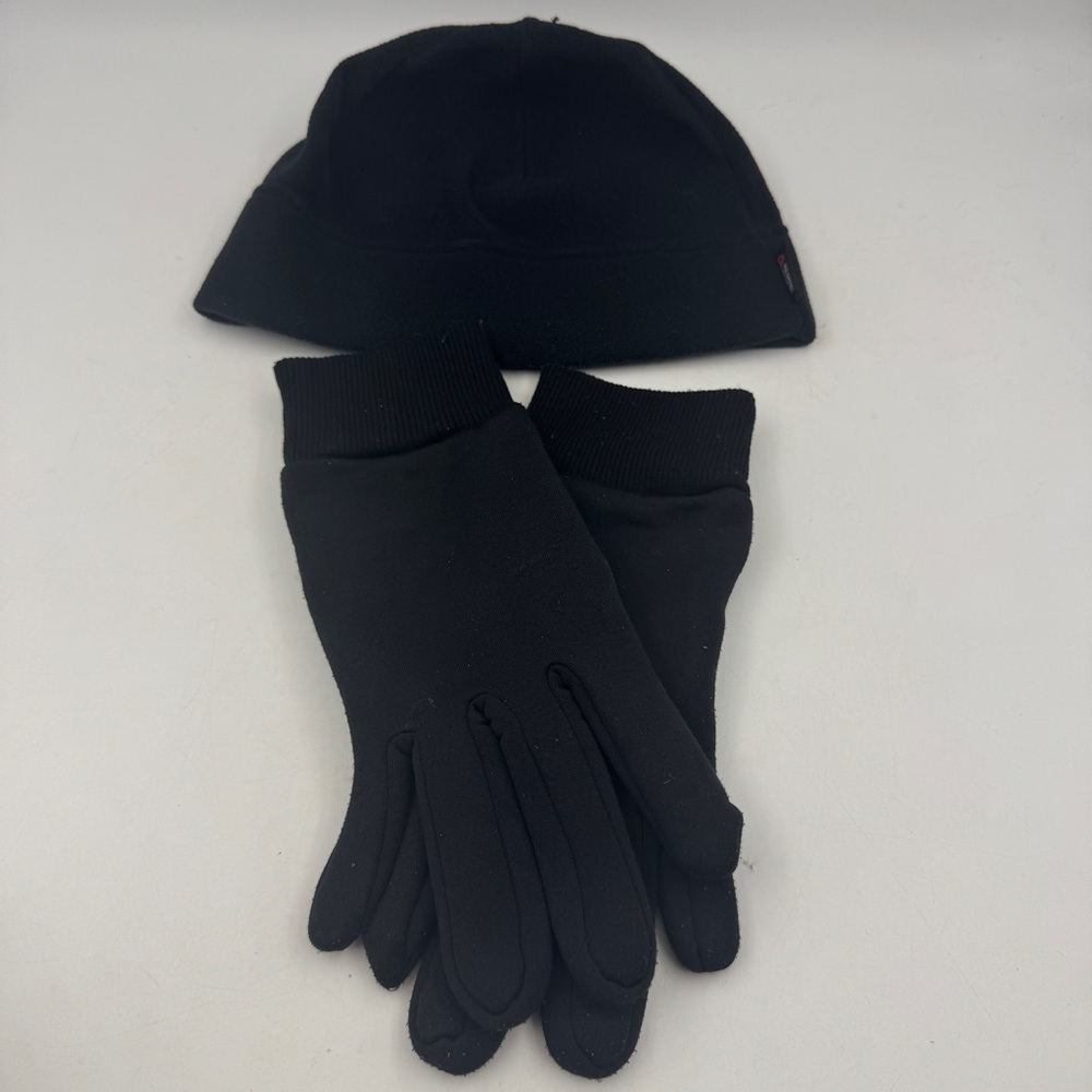 2 SETS Lands' End Black Polartec Fleece Beanie Snuggler Hat and Casual Gloves OS - Picture 5 of 14